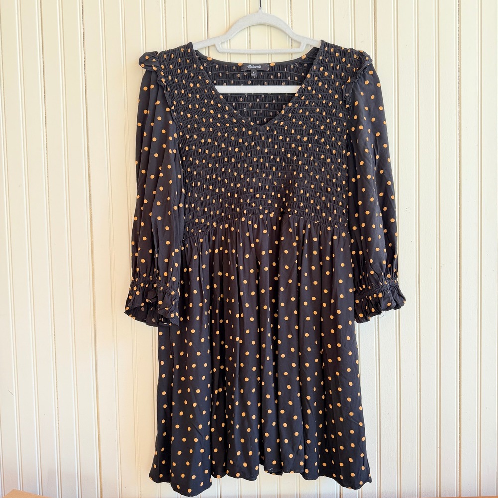 Madewell‎ Smocked Ruffle Shoulder Mini Dress Black Gold Polka Dot Viscose Small - Picture 3 of 11